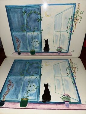 Set of 4 1980’s Cork Back Placemats, art by Catherine Piret. Cat in the window